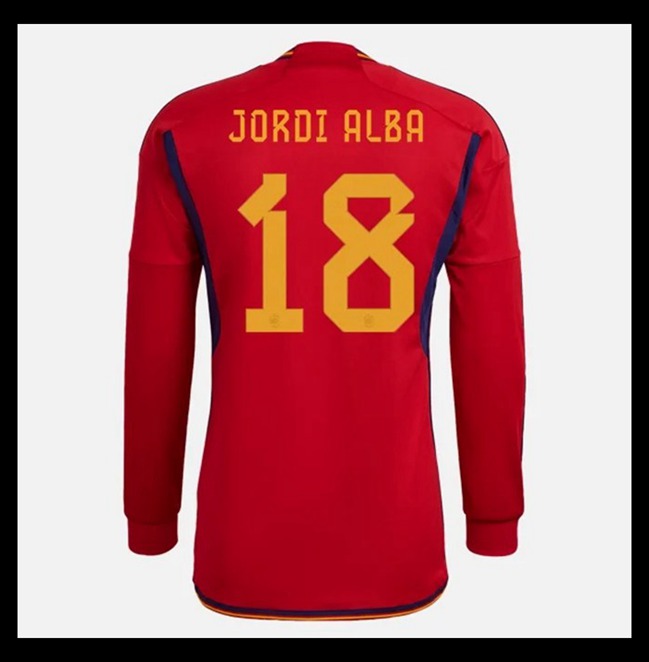 Lacné Futbalove Dresy Španielsko Dlhý Rukáv JORDI ALBA #18 Domáci Majstrovstvá sveta 2022